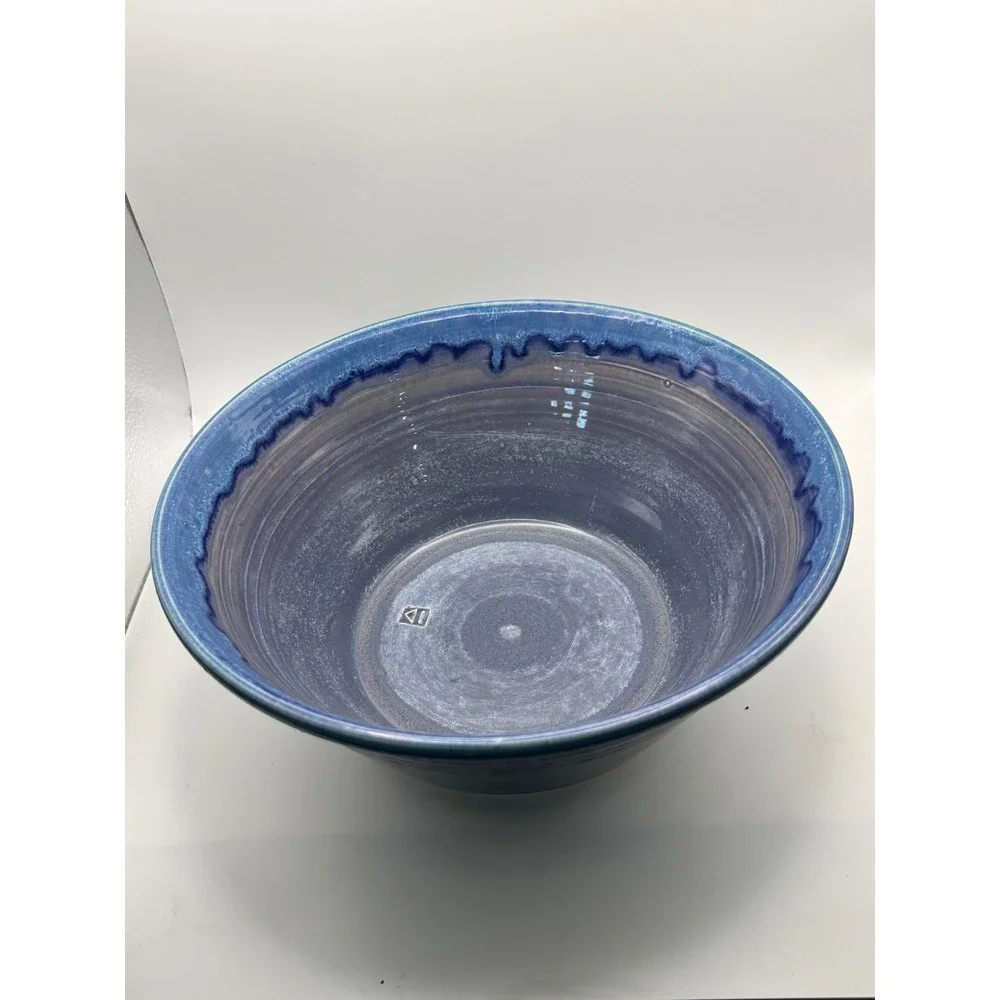 Handmade Studio Pottery Blue Drip Glaze Stoneware Serving Bowl Artisan Signed